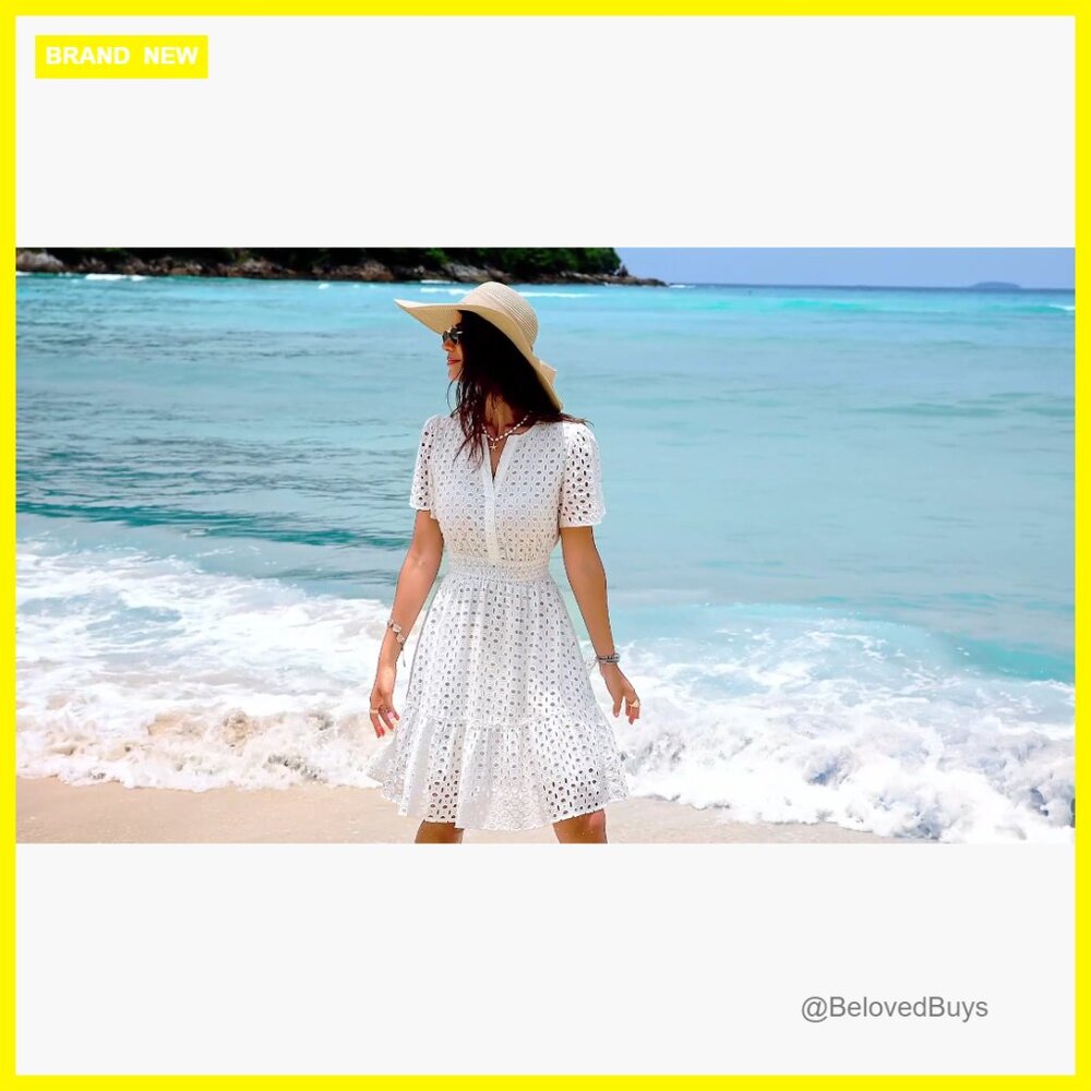 V-Neck A-Line Mini Dress with Lace Detail, Short Sleeve, Casual Summer - Picture 7 of 7